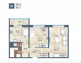 2-комнатная квартира 59.1 м2 ЖК «Чистая слобода»