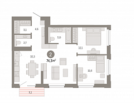2-комнатная квартира 74 м2 ЖК «Город на озере»
