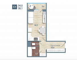 1-комнатная студия 38.1 м2 ЖК «Чистая слобода»