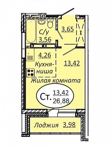 Студия Новосибирская область, Новосибирск ул. Добролюбова, 16/1 (26.88м2)