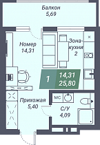 1-комнатная студия 25.8 м2 ЖК «Voroshilov»