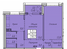 2-комнатная квартира 58,3 м2 ЖК «Галактика» (Юпитер)