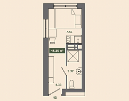 1-комнатная студия 15.25 м2 апартаменты «Место»