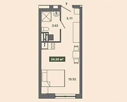 1-комнатная студия 24.26 м2 апартаменты «Место»